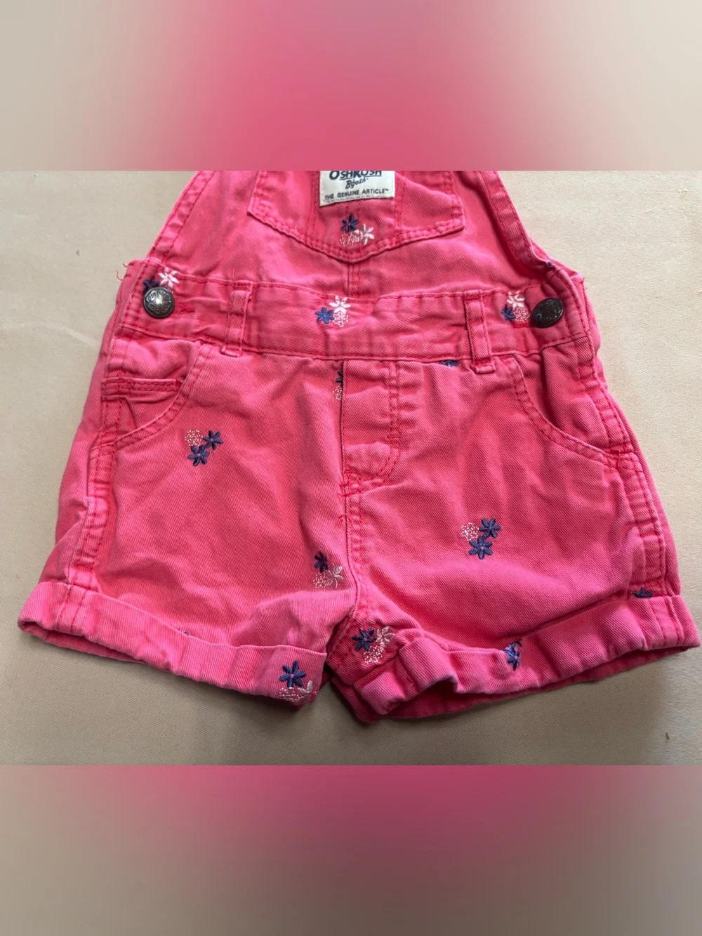 OshKosh Bgosh Baby Girl Overall Shorts 9 Months Dark Pink Flowers Embroidered